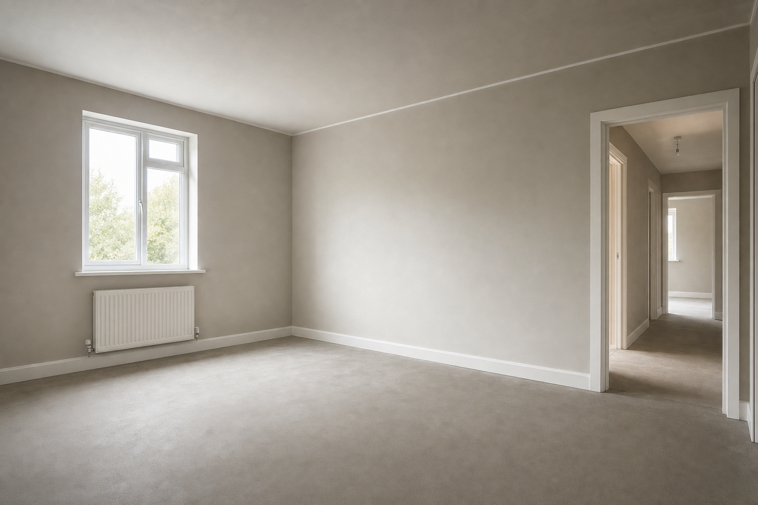 An empty, bright room with beige walls, a window, and a view into a corridor with another room visible.