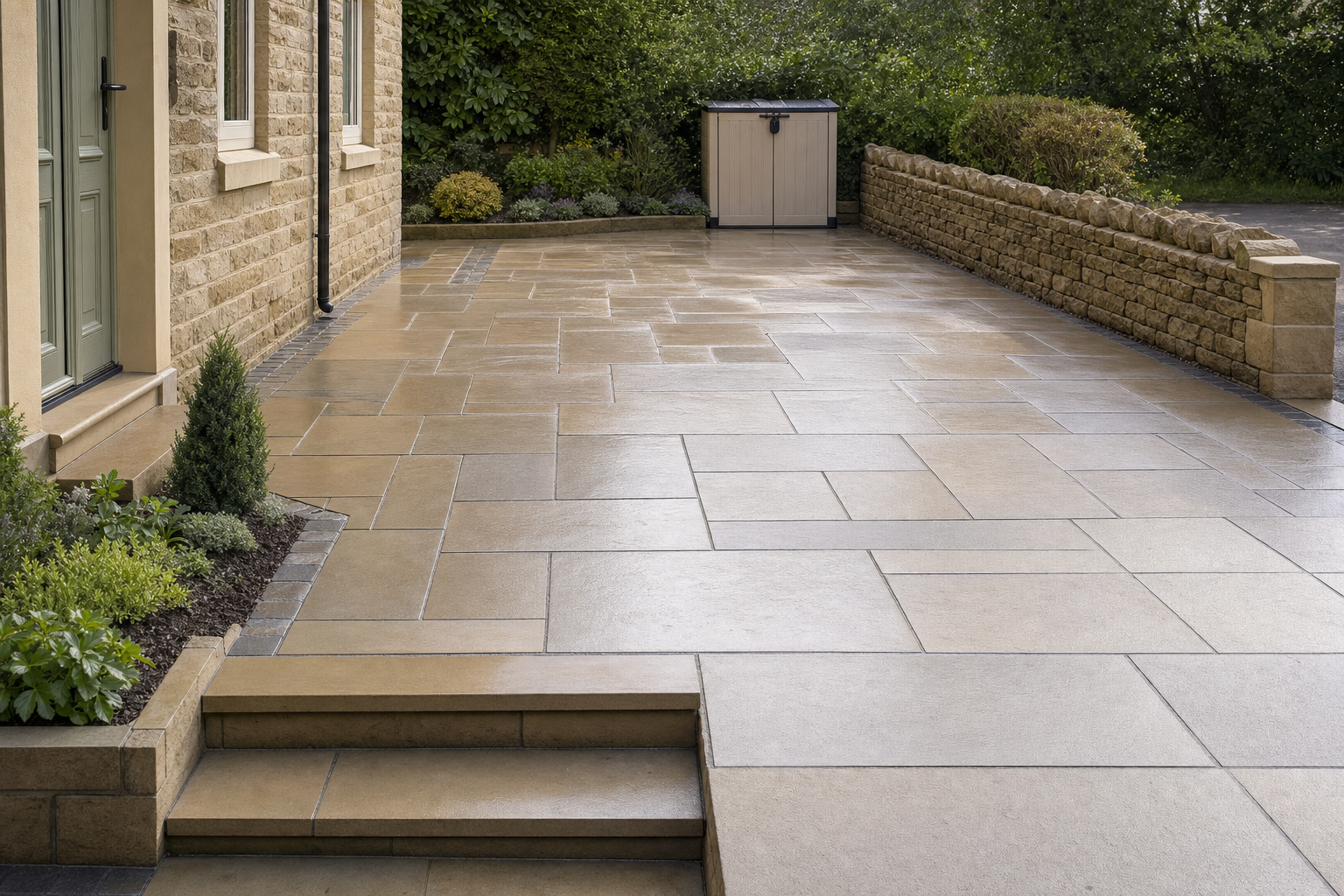 Spacious stone patio with steps, bordered by a stone wall and lush greenery.