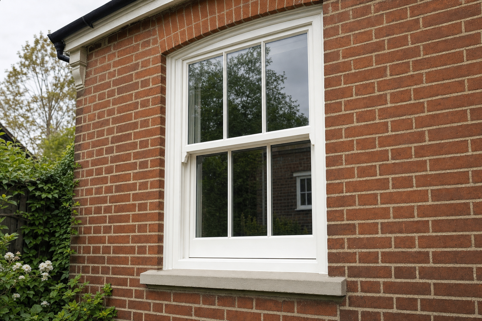 A white-framed sash window set in a red brick wall, with shrubbery visible outside.