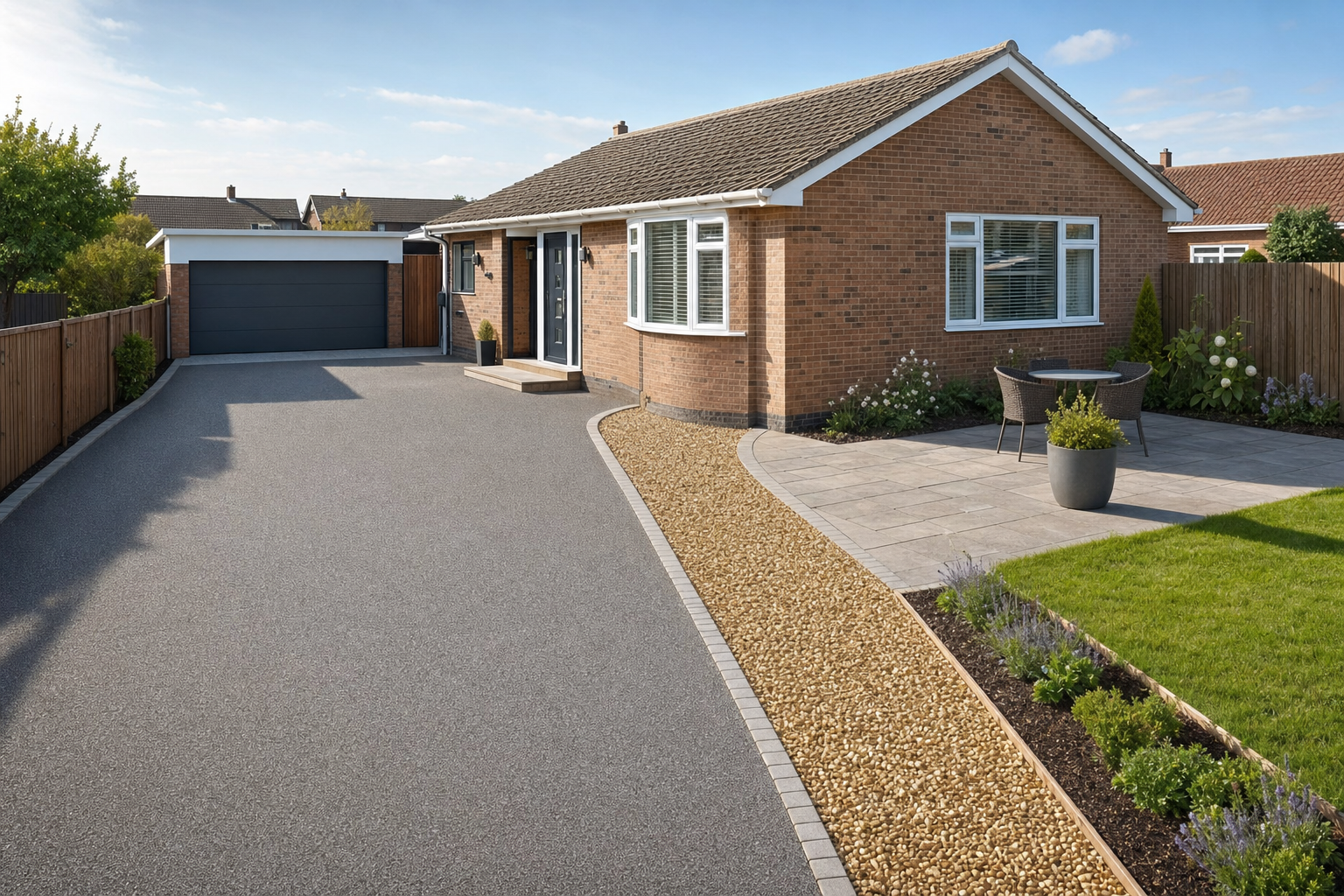 Modern brick bungalow with a neat garden, patio, and spacious driveway leading to a detached garage.