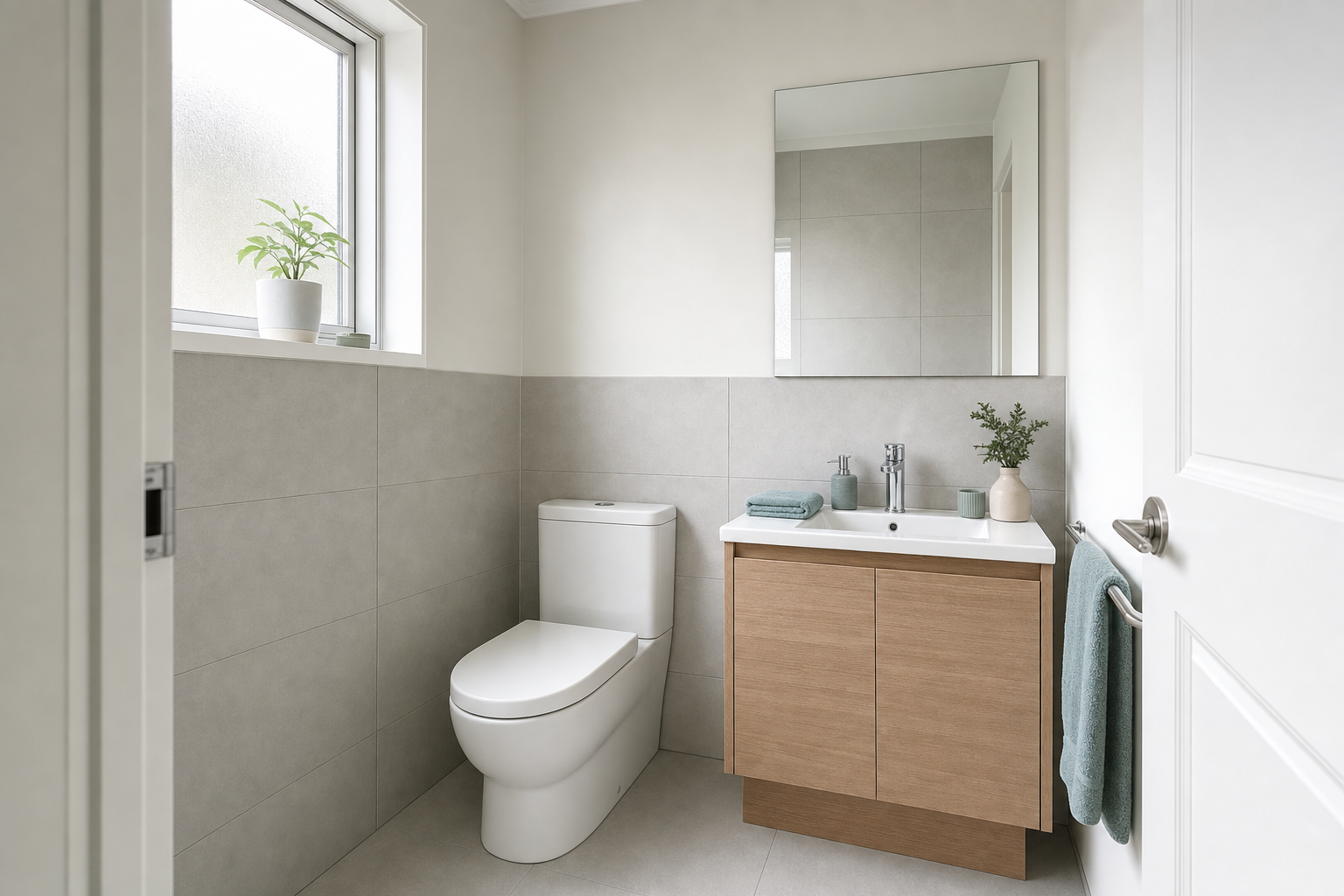 Modern bathroom with a white toilet, wooden vanity unit, wall mirror, and a window with a potted plant.