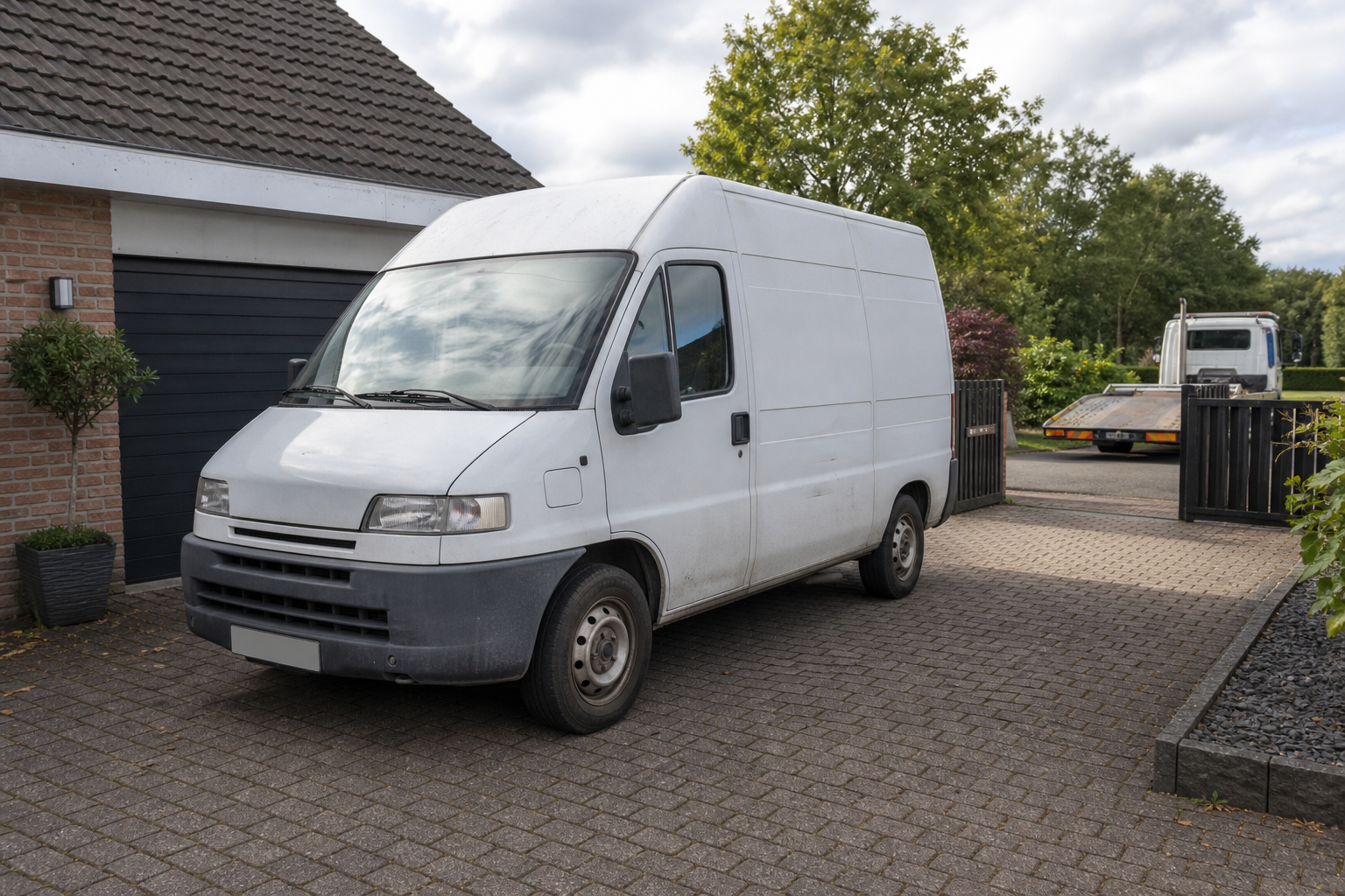 White delivery van parked in a residential driveway next to a brick house.