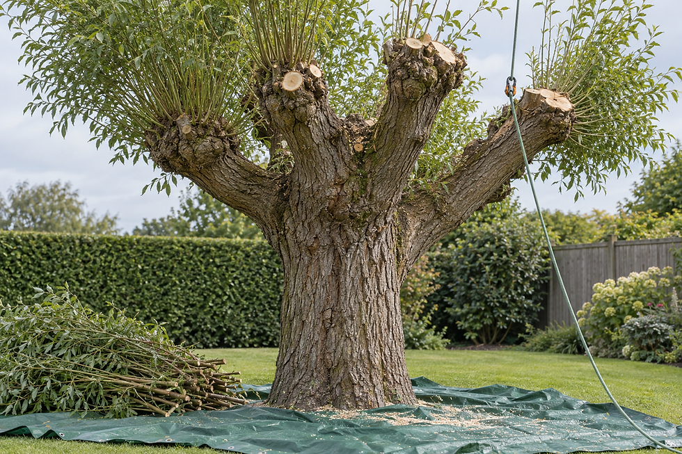 Freshly pruned tree with trimmed branches on a tarp in a garden setting.