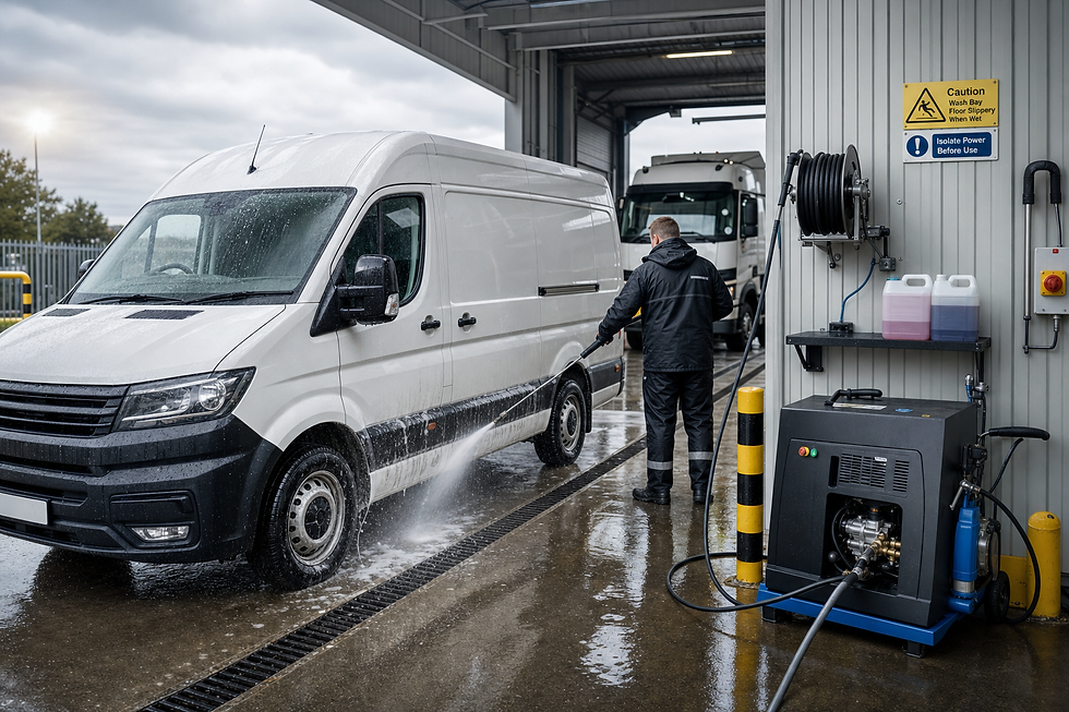 The image shows a person using a high-pressure washer to clean a white commercial van at a wash bay