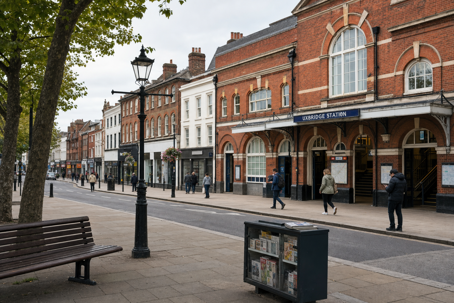 Uxbridge Station with a red-brick facade, surrounded by shops and people walking along the street.