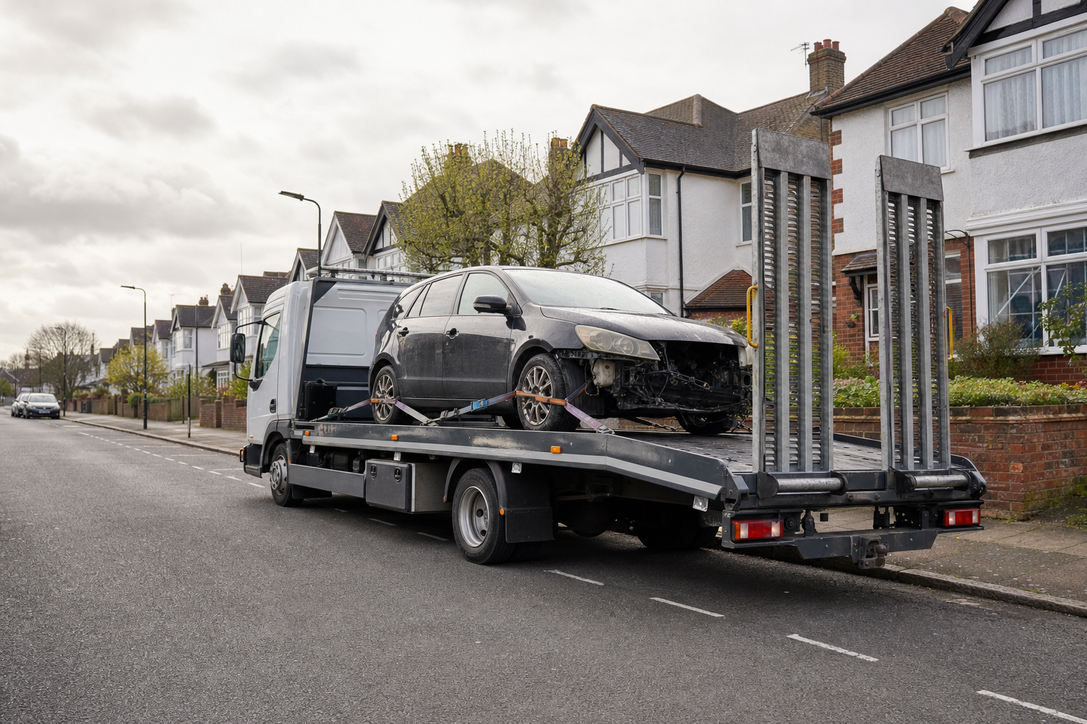 Damaged car being transported on a recovery truck in a suburban street with houses in the background.