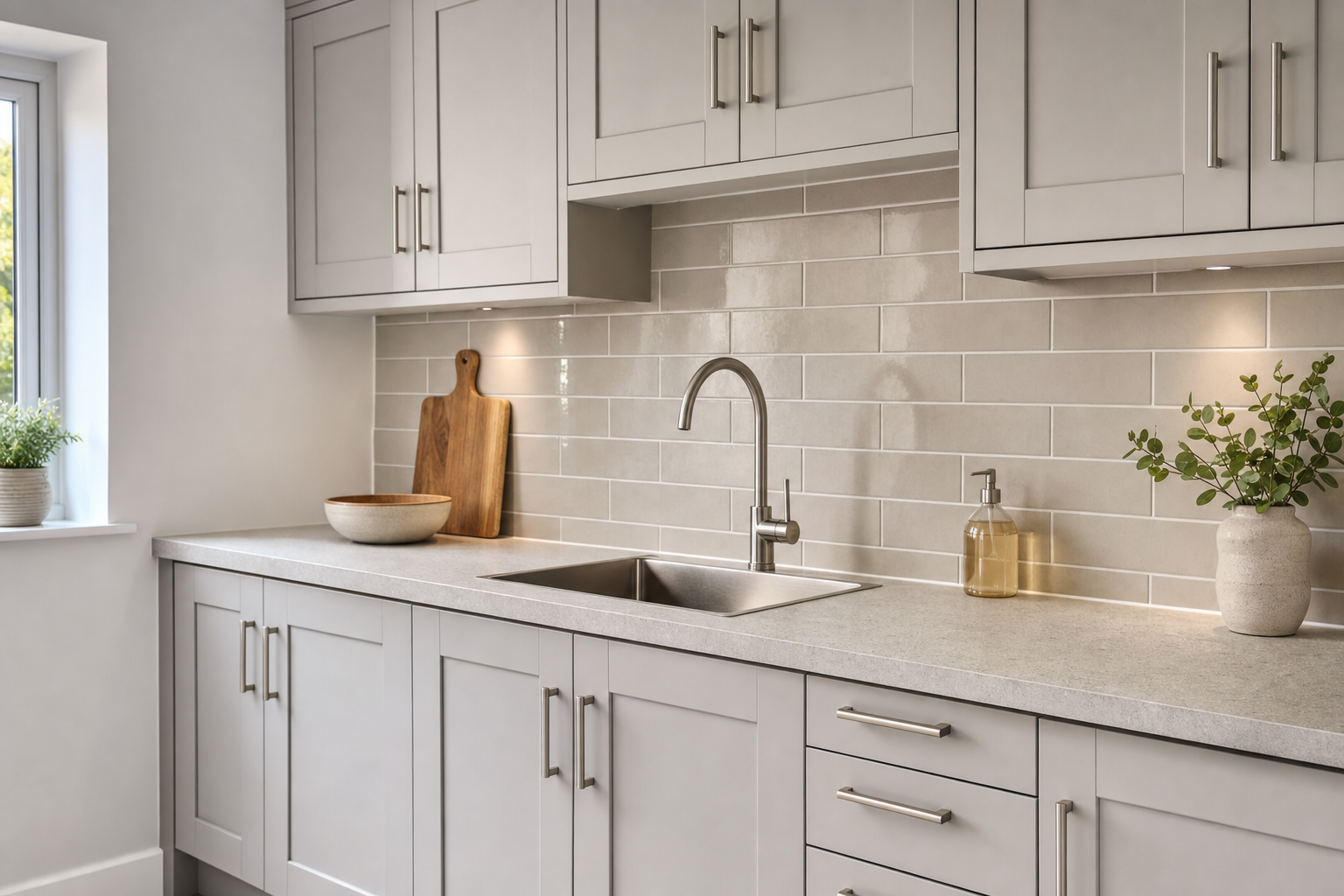 Modern kitchen with grey cabinets, a large silver tap, a wooden chopping board, and potted plants on the worktop.