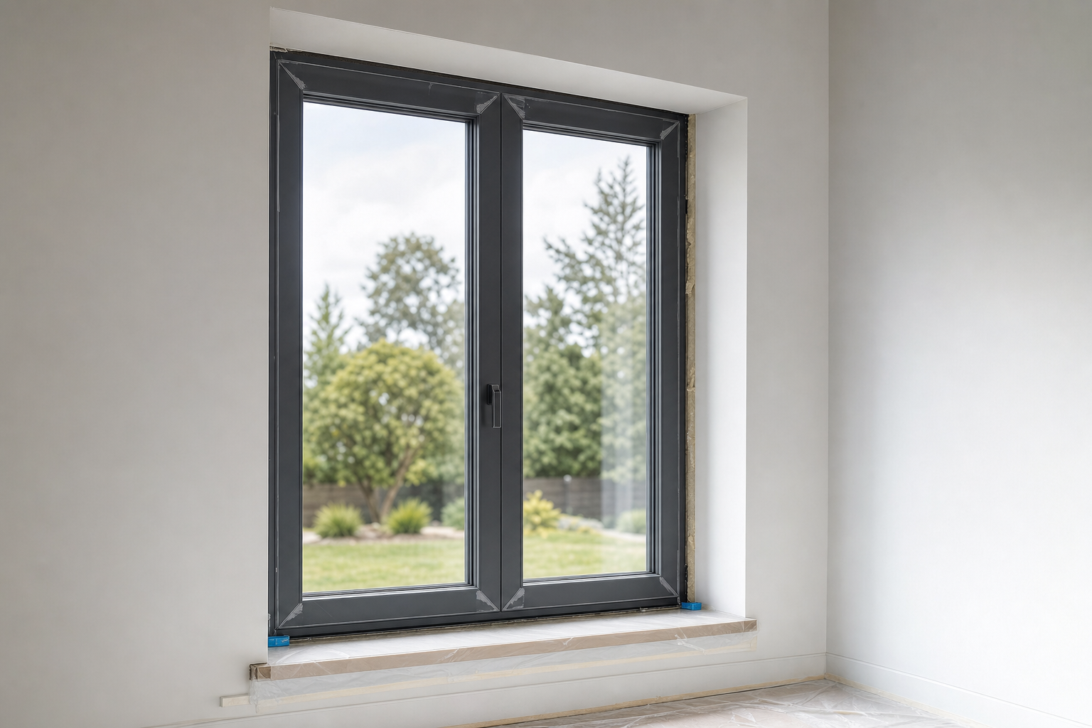 Large black-framed window in a minimalist room offers a view of a lush garden outside.