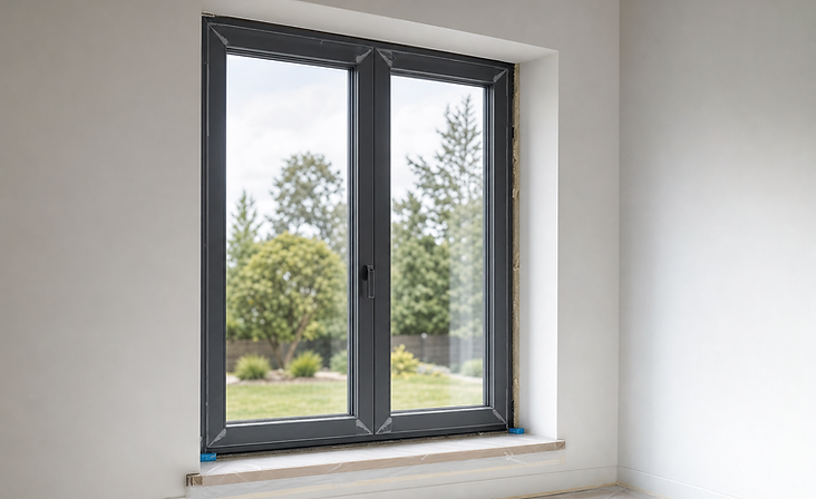 Large black-framed window in a minimalist room offers a view of a lush garden outside.