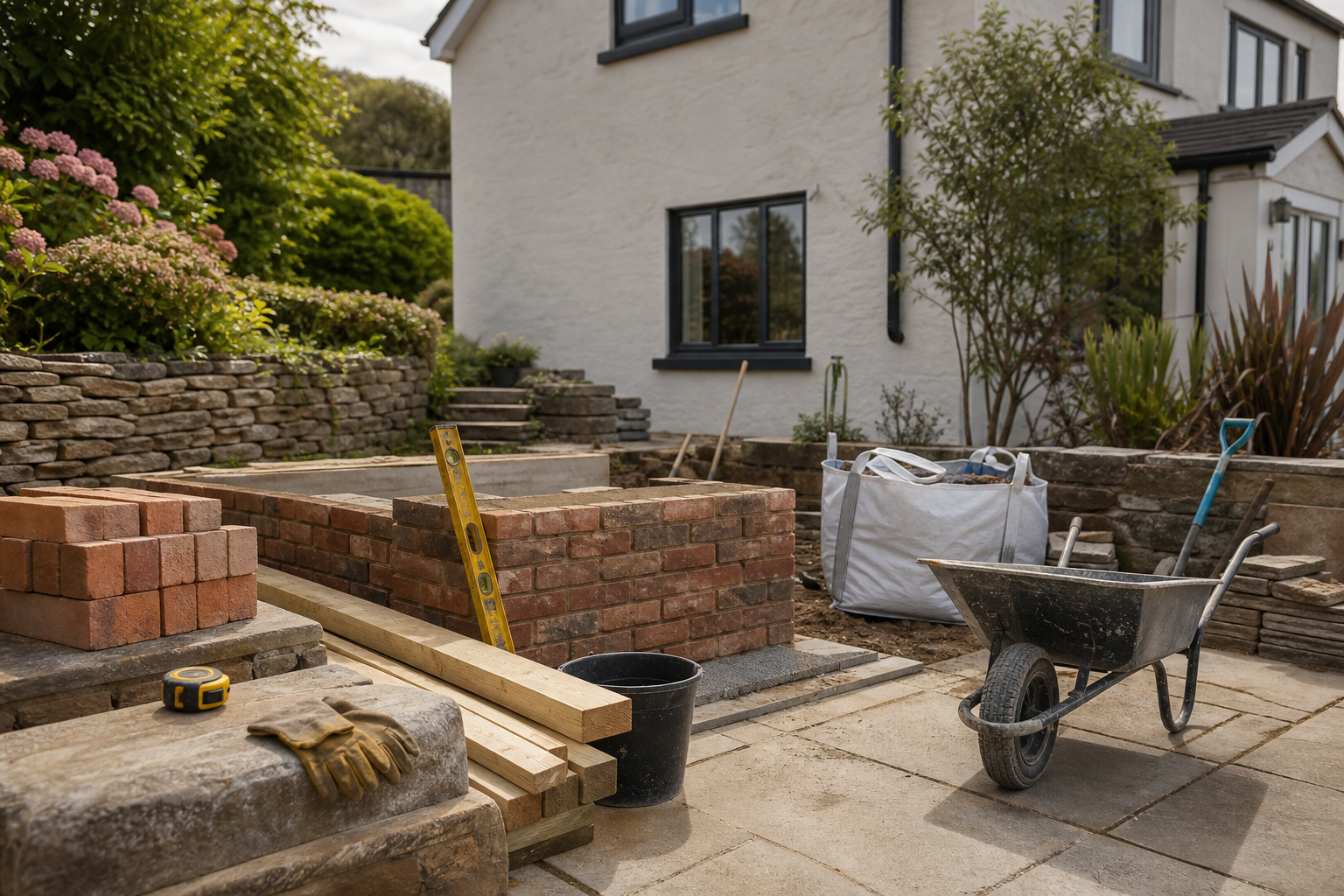 Construction materials and tools arranged in a garden with partially built brick walls.