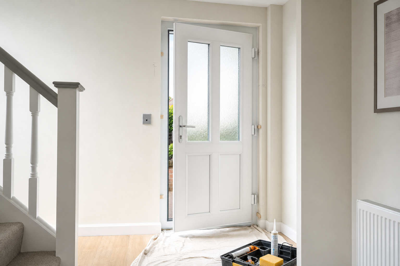 Open front door in a hallway with tools and materials on a protective sheet.