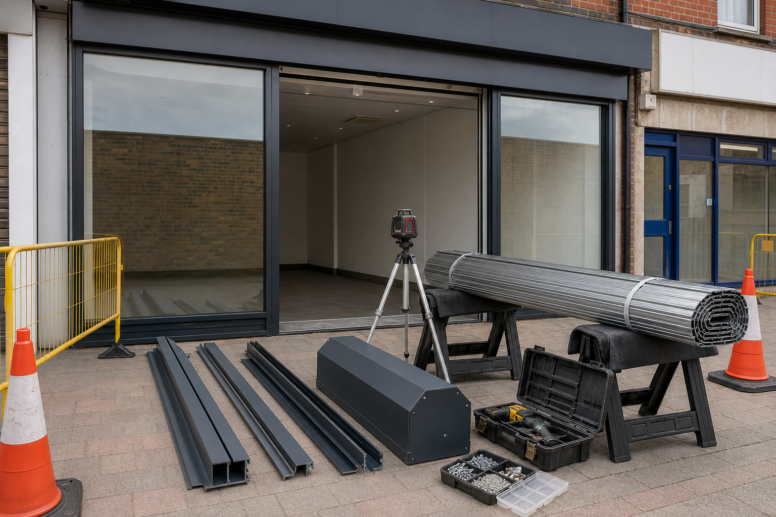 Construction materials and tools set up in front of an unfinished storefront.