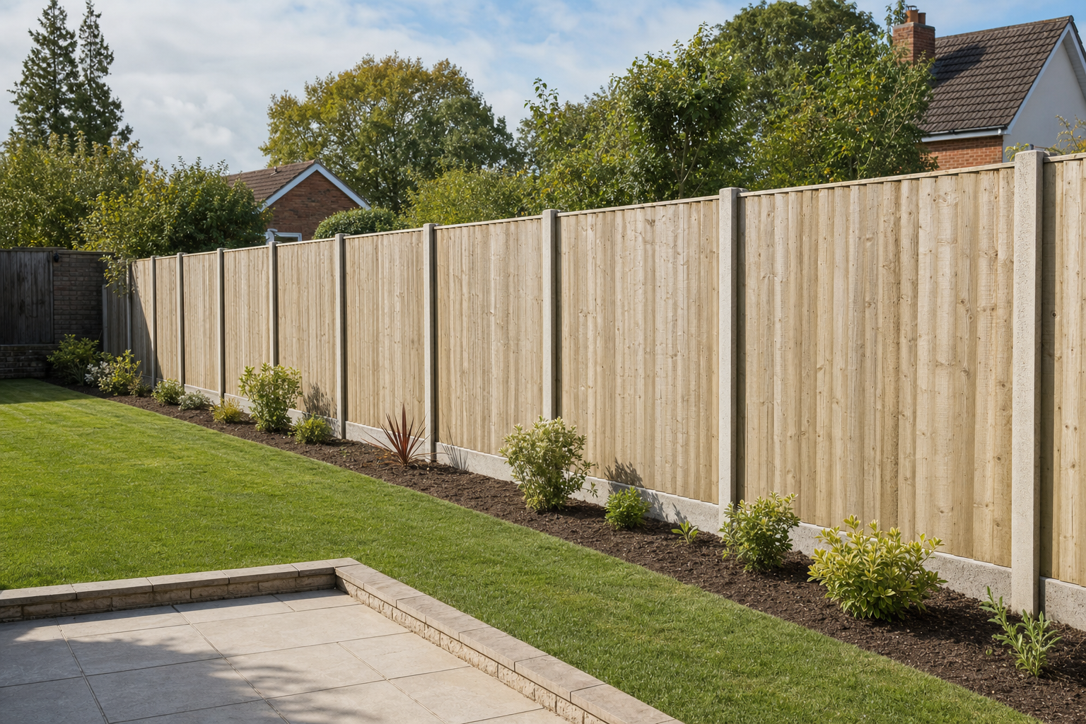 Wooden garden fence with concrete posts, flanked by shrubs and a neatly trimmed lawn on a sunny day.