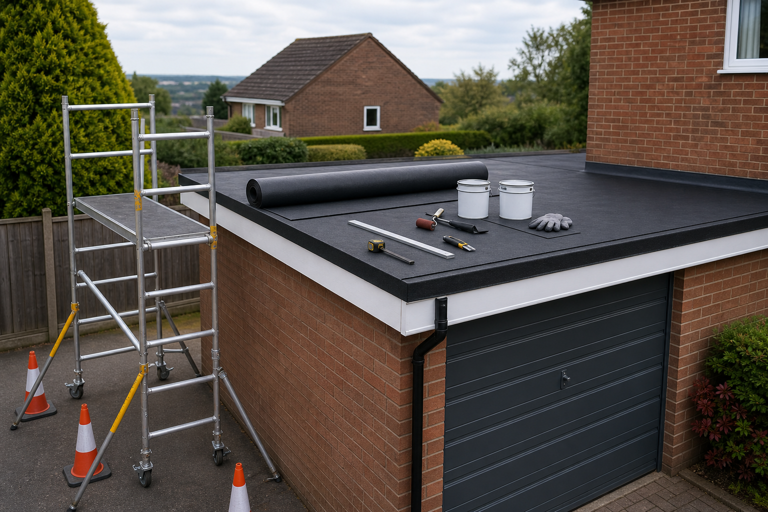 Flat roof with tools and materials for roof installation, surrounded by scaffolding and cones.