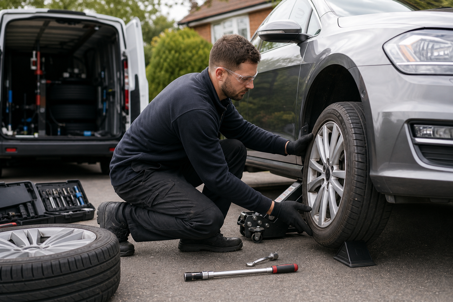 A mechanic works on a car tire next to a van filled with tools.