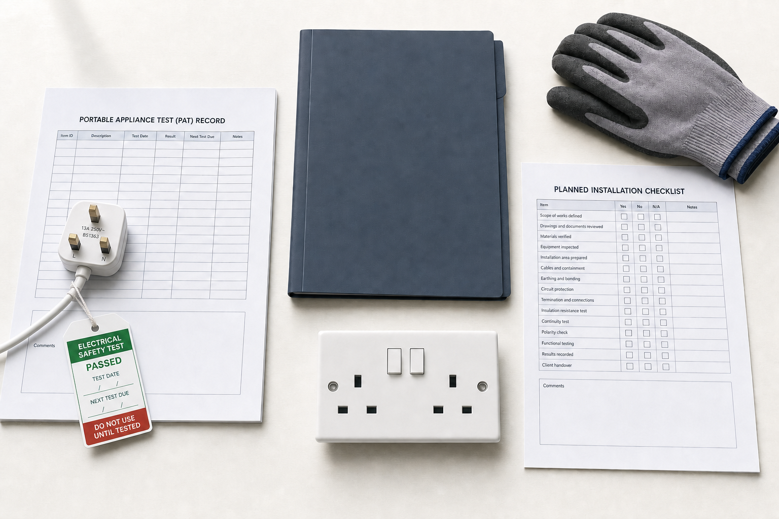 Electrical testing setup with PAT record, checklist, plug with safety tag, socket, and protective gloves.