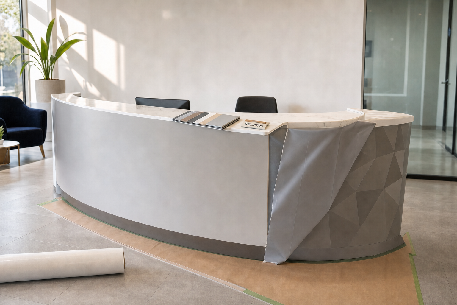 Curved reception desk under construction with samples and a sign, in a modern office setting with natural light.
