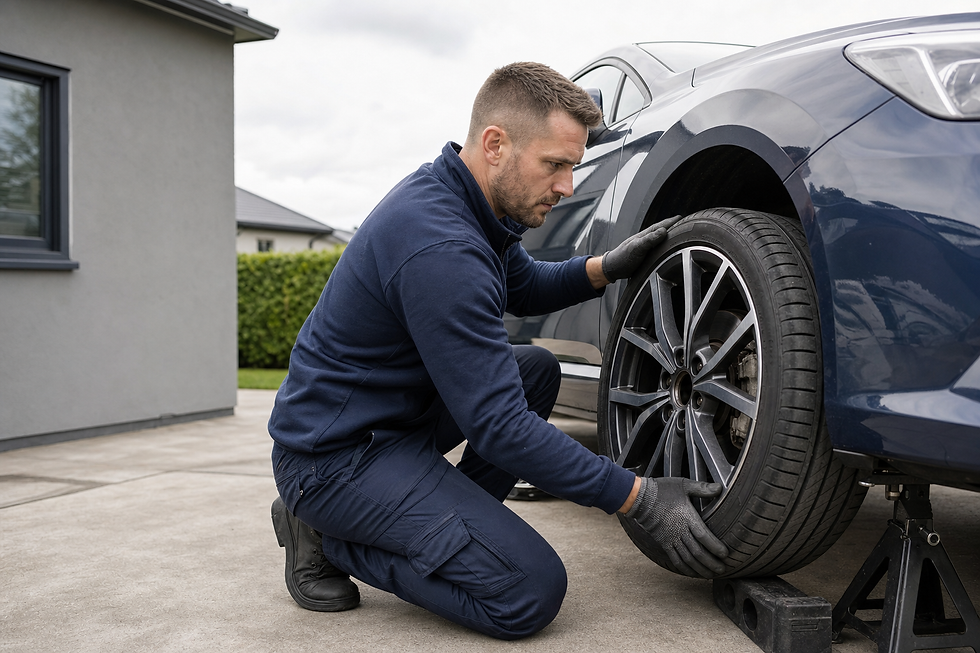 A man in navy workwear changes a tyre on a blue car using a jack in a residential driveway.