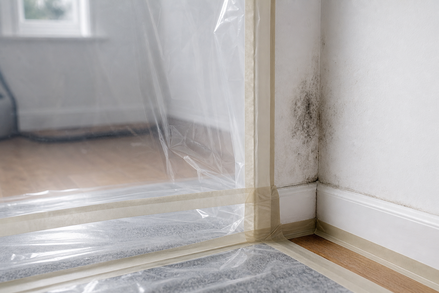 A damp patch with black mould in a corner of a room, partially covered by taped plastic sheeting on the floor.