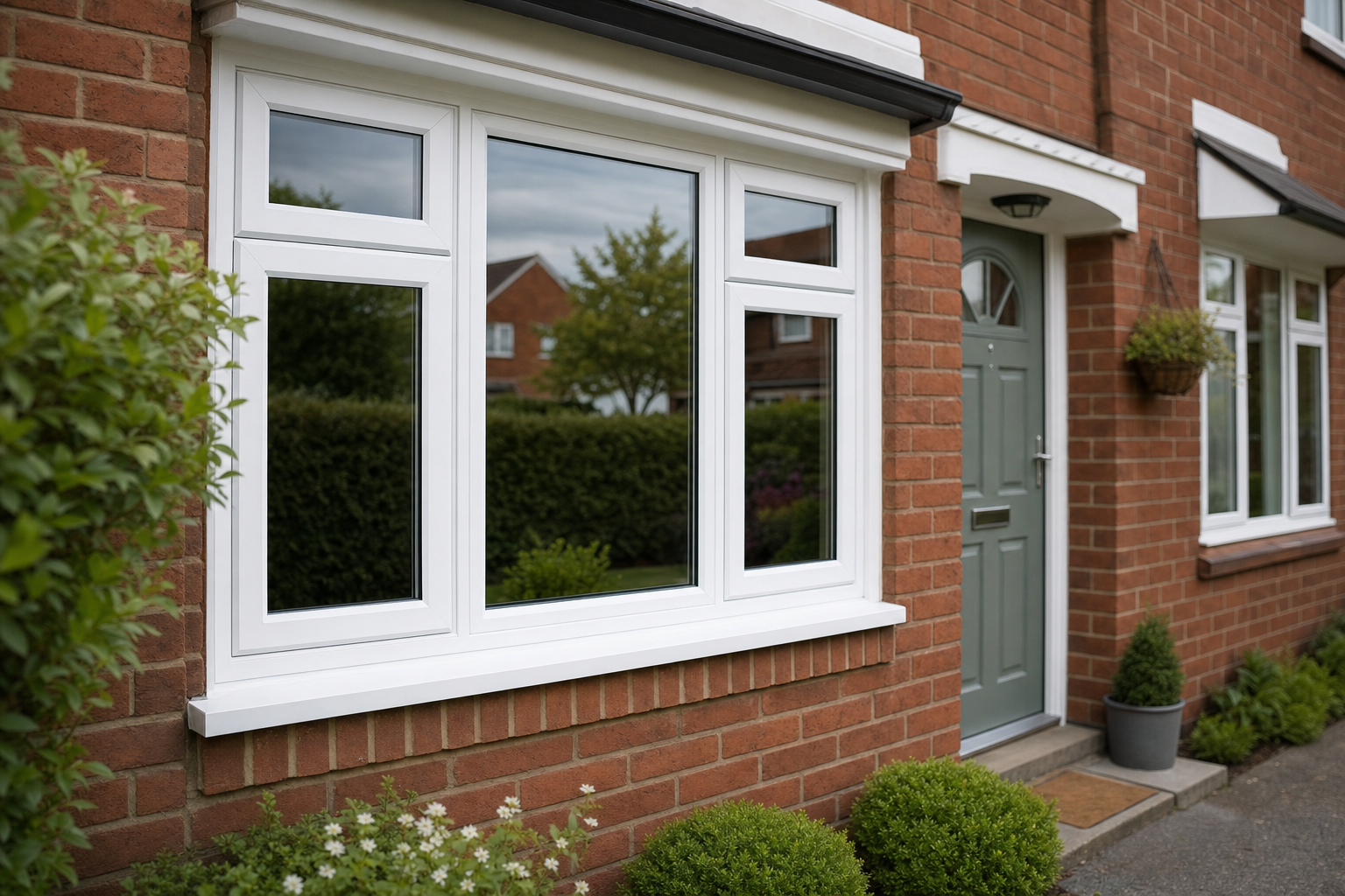 A brick house with white-framed windows and a grey door surrounded by neatly trimmed shrubs and plants.