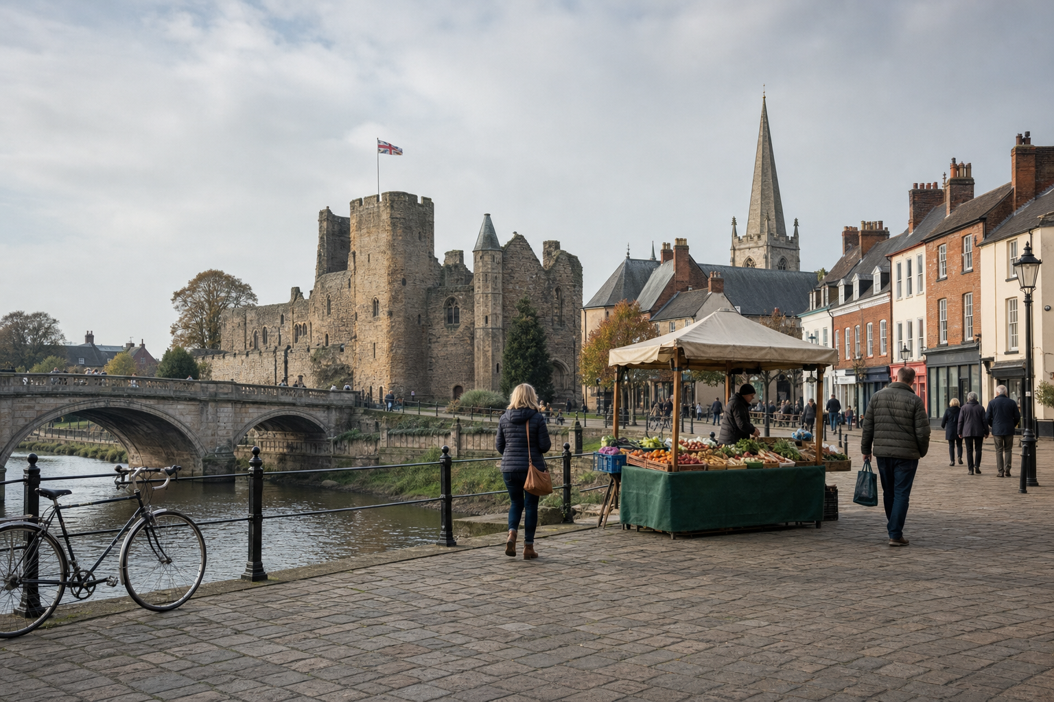 A market stall by a riverside in a quaint British town with a historic castle and a church spire in the background.