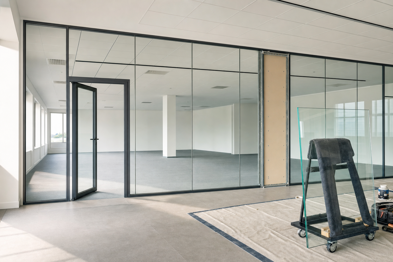 Modern office space under construction featuring glass partitions and an open door.