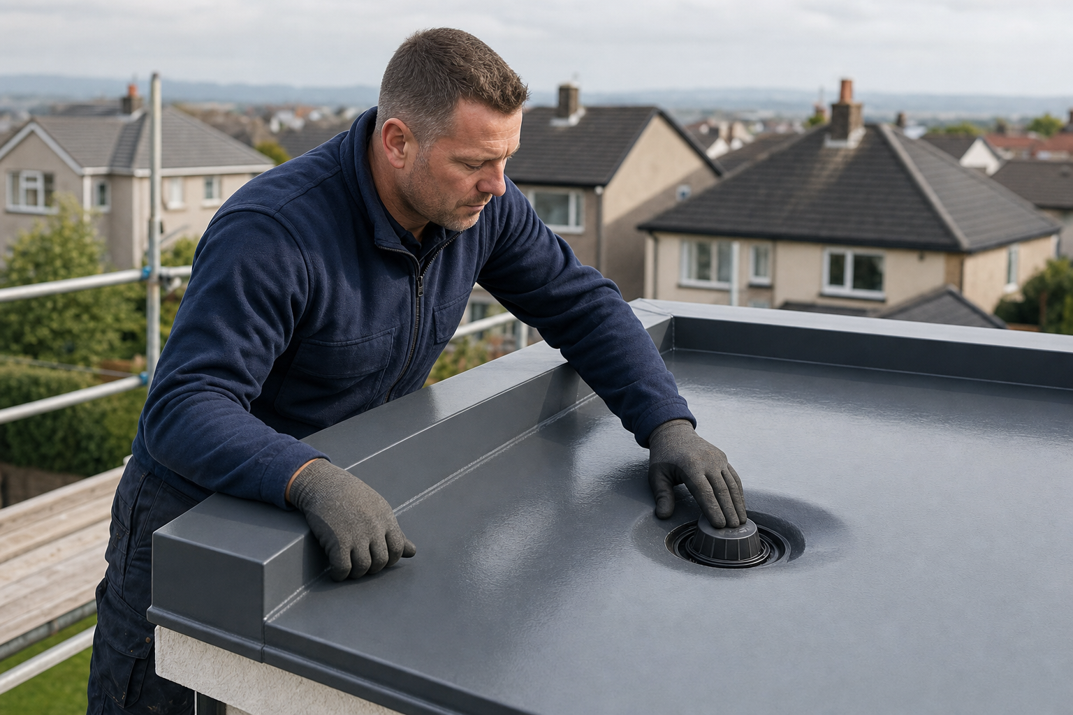 A worker in blue checks a roof drain on a flat rooftop with residential houses in the background.