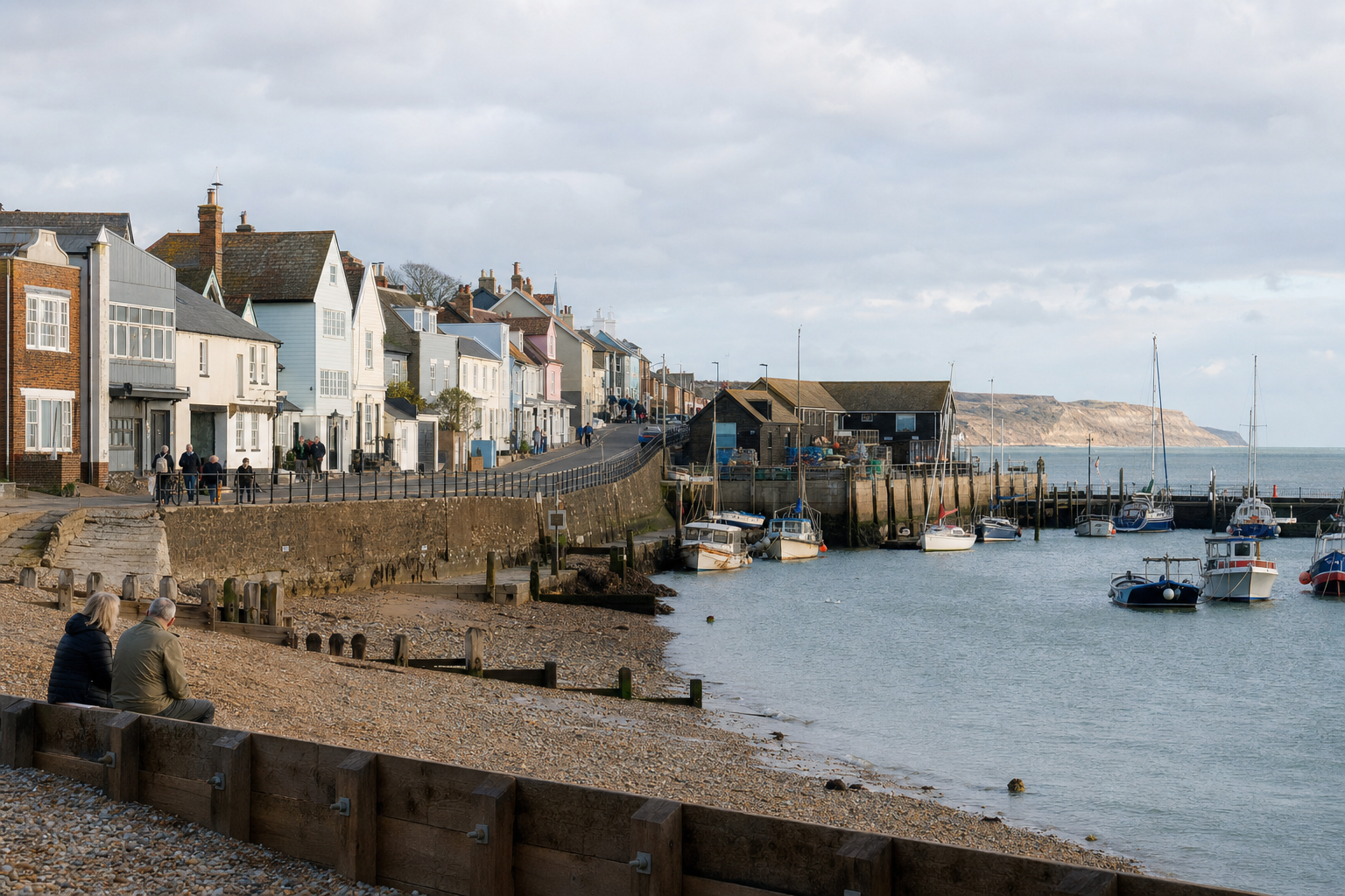 People sitting by a pebble beach with colourful houses and boats in a harbour under a cloudy sky.