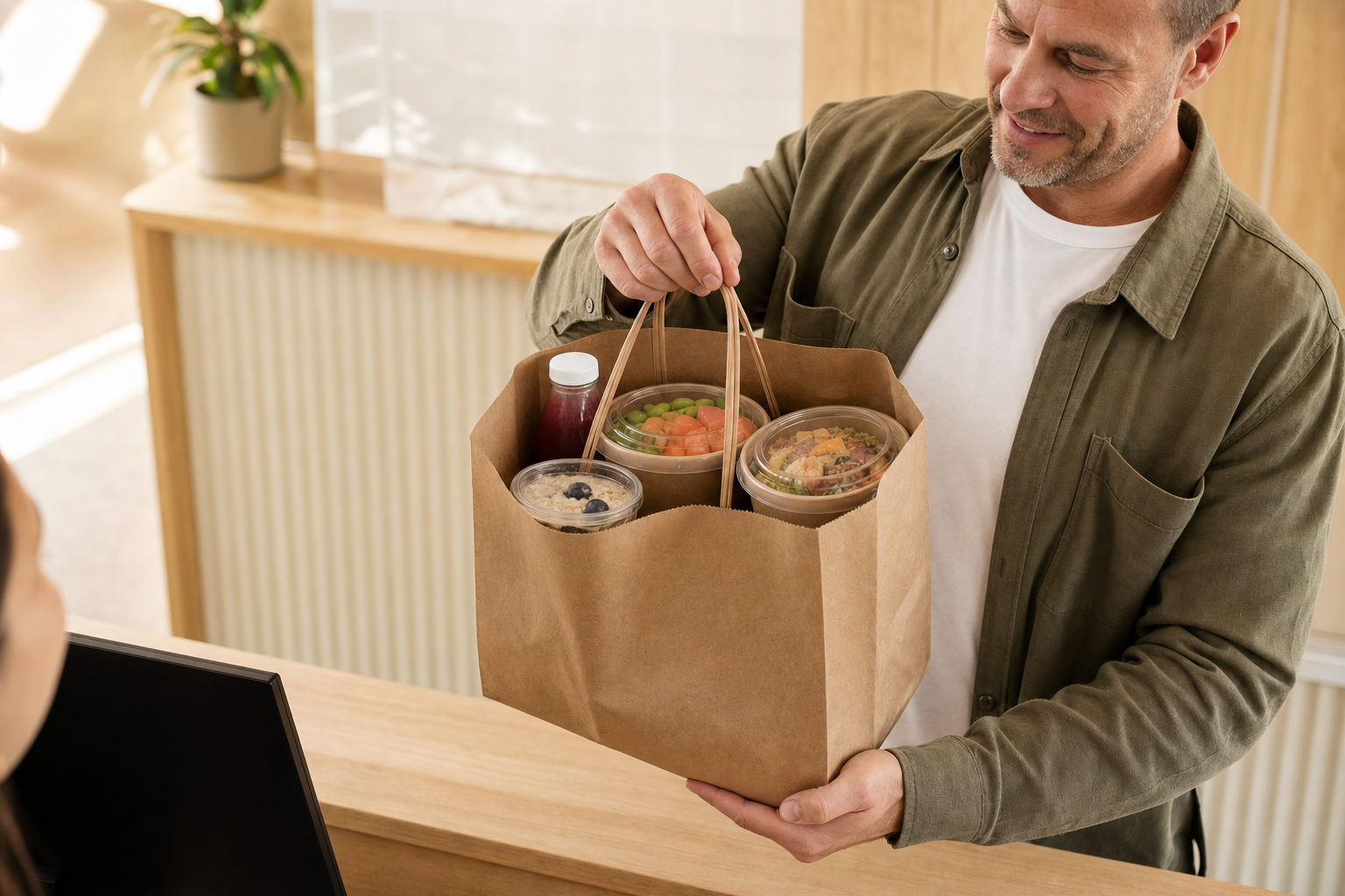 A man in a green shirt hands over a paper bag filled with takeaway meals.