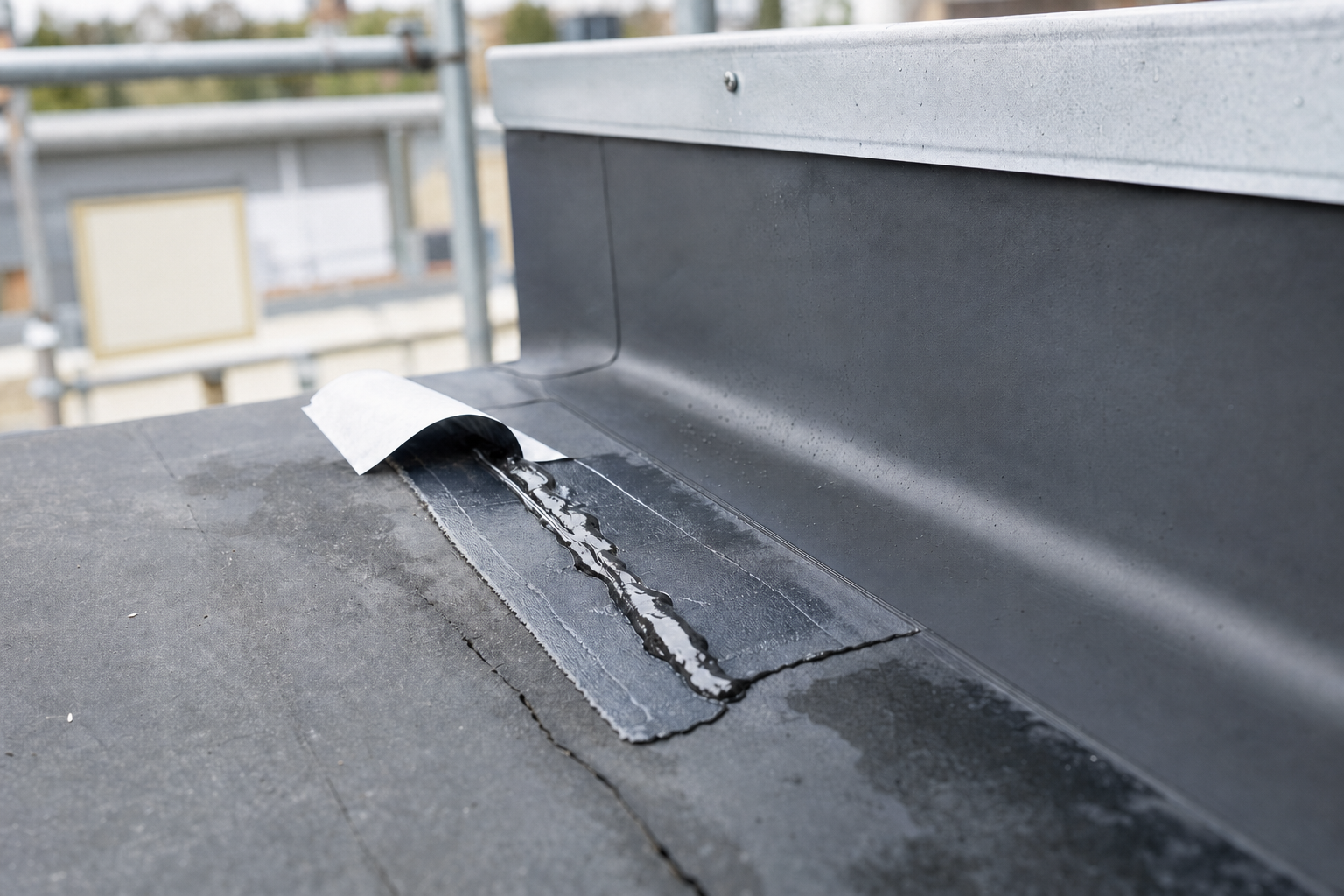 A close-up of a modern flat roof with waterproofing materials and metal flashing in a construction setting.