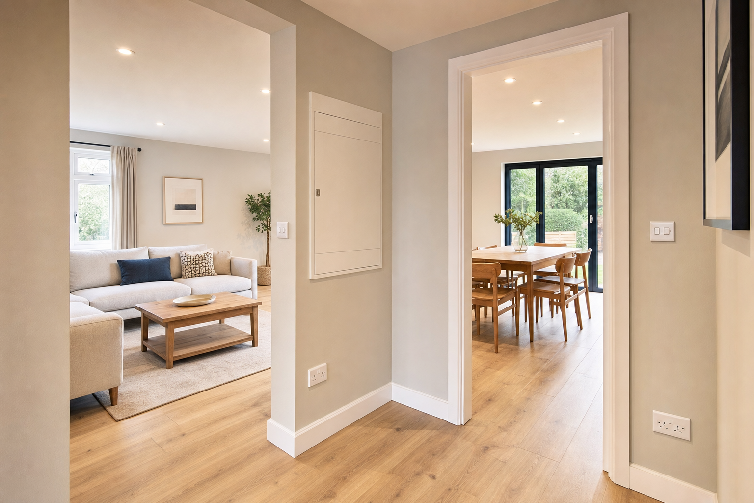Modern open-plan living and dining area with wooden flooring and large windows.