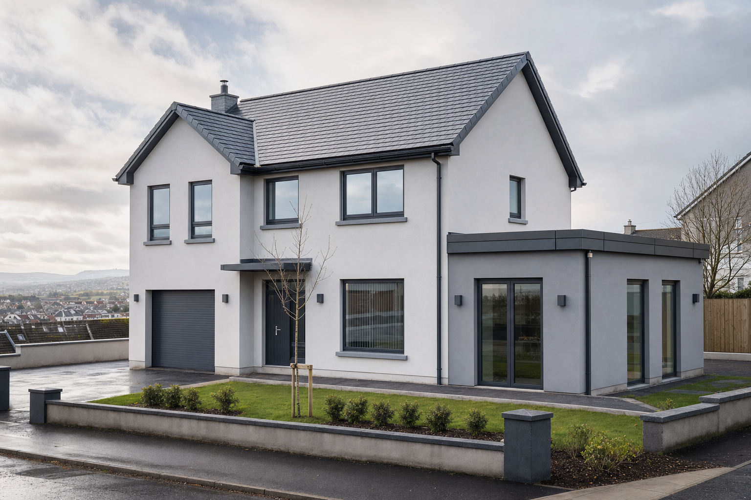 Modern two-storey detached house with a grey roof and surrounding garden on a suburban street.