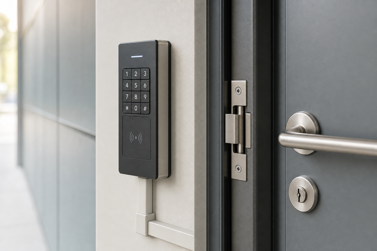 Modern door with an electronic keypad lock and sleek metal handle on an exterior wall.