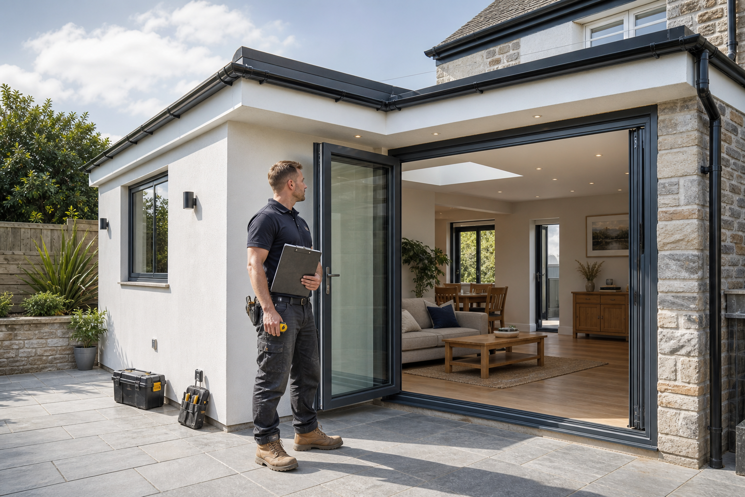 A man stands outside a modern house with open patio doors, holding a clipboard and tools.