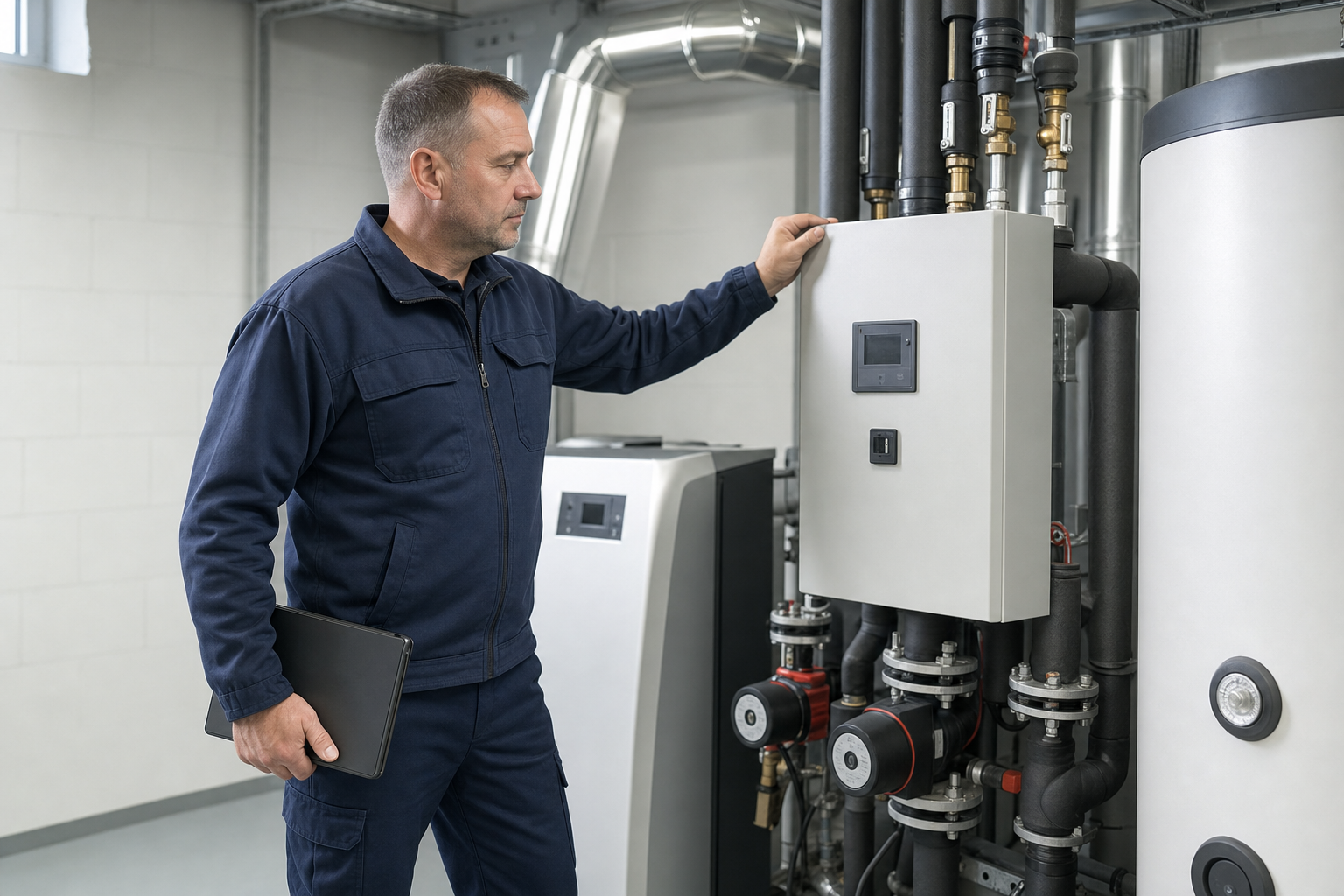 Engineer inspecting industrial heating equipment with a tablet in hand.