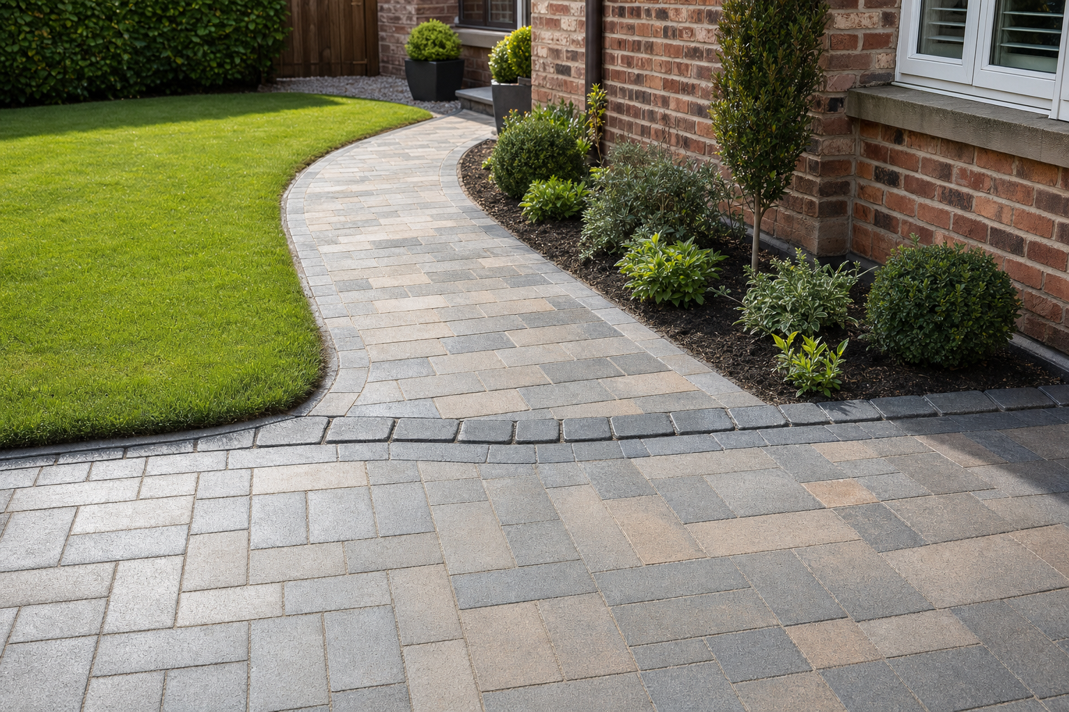 A neatly landscaped garden path with paving stones curves alongside a brick house and a small, manicured lawn.