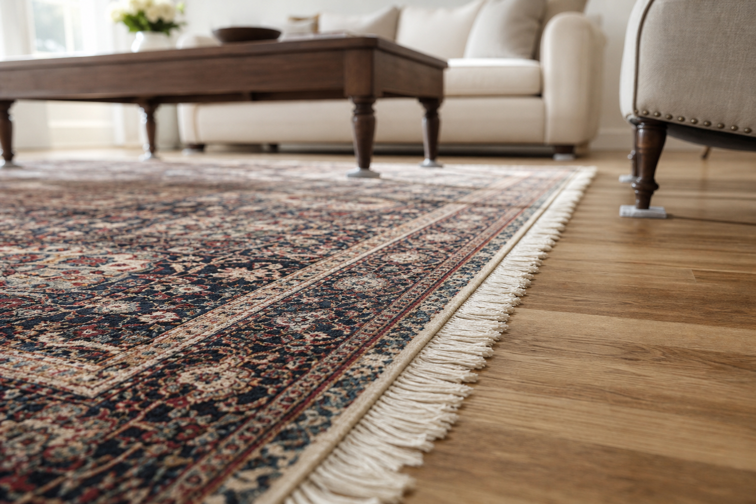 Ornate Persian rug with fringe edging on wooden floor, with a wooden coffee table and beige sofa in the background.