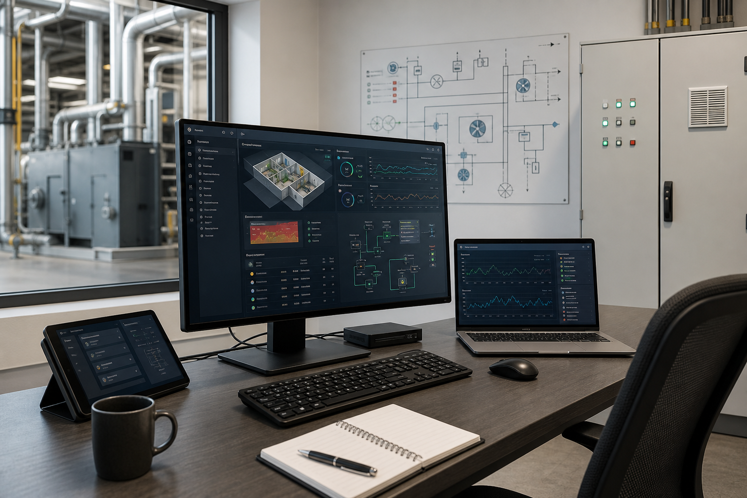 Modern industrial control room with multiple screens displaying system analytics and a notebook on the desk.
