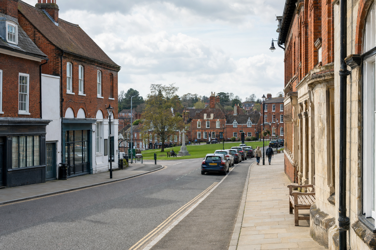 A quiet street lined with parked cars and red brick buildings on a cloudy day in a quaint town.
