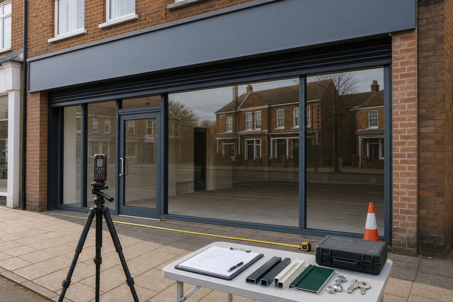 Storefront with construction tools and equipment on a table, including a tripod, tape measure, and architectural plans.