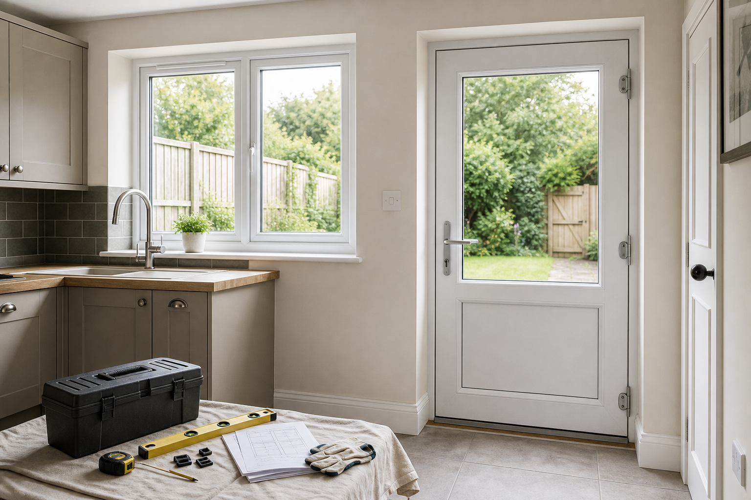 Modern kitchen with tools on the floor and a view of a garden through a glass door.