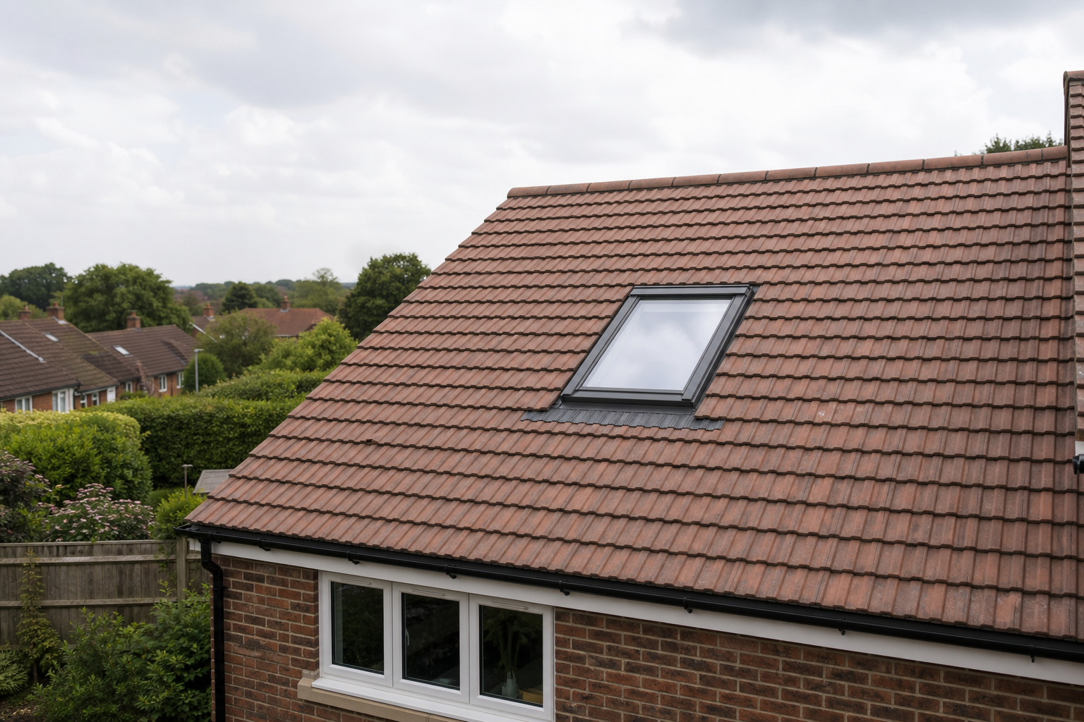 Red tile roof with a skylight, overlooking a suburban neighbourhood with green hedges and trees.