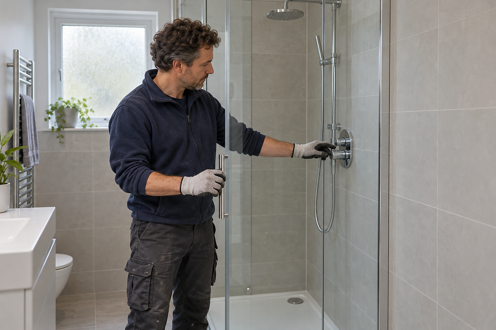 A man in work clothes and gloves adjusts the shower controls in a modern bathroom.
