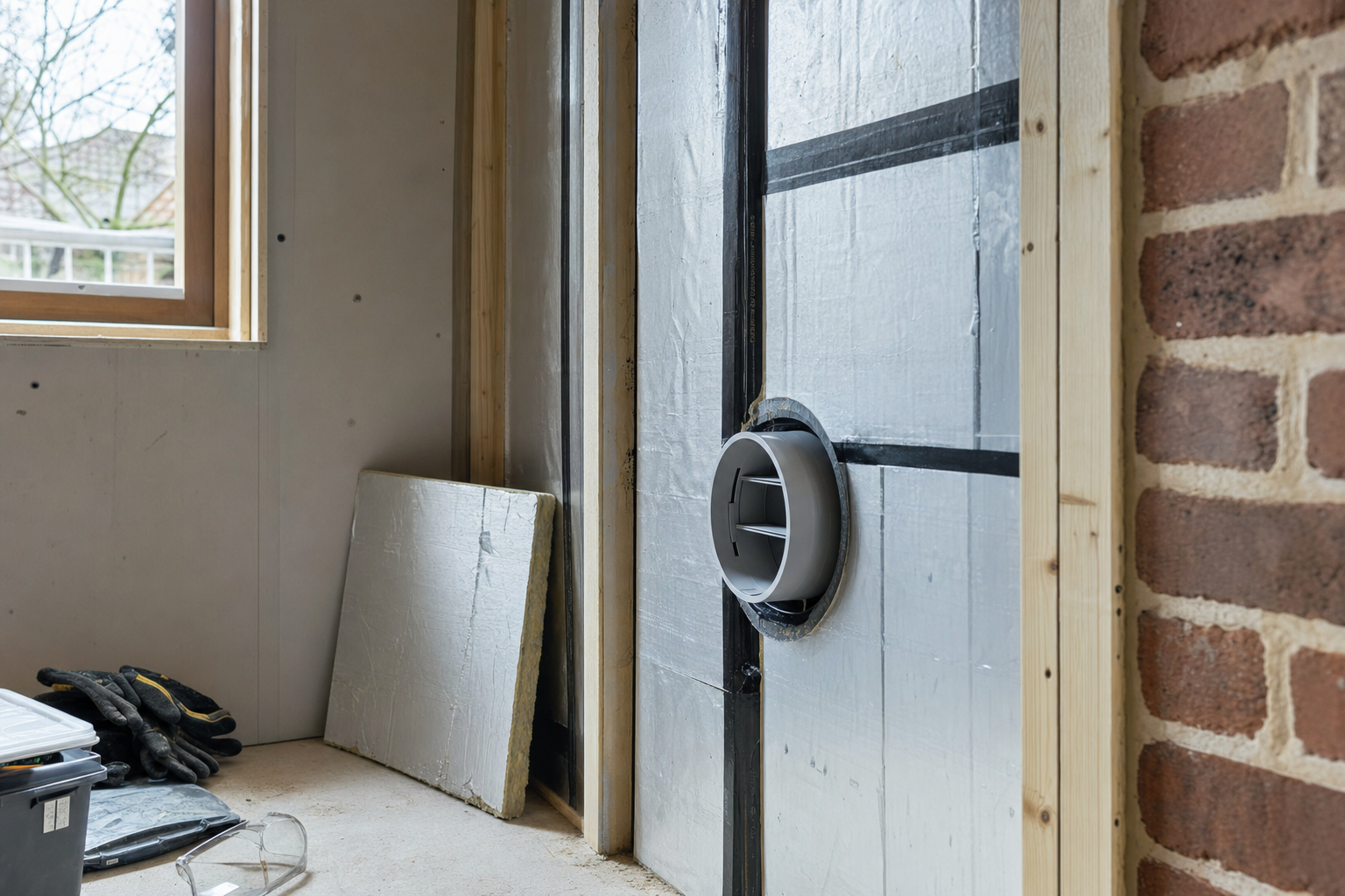 Room under construction with fresh insulation, exposed brick, and a newly installed ventilation duct.