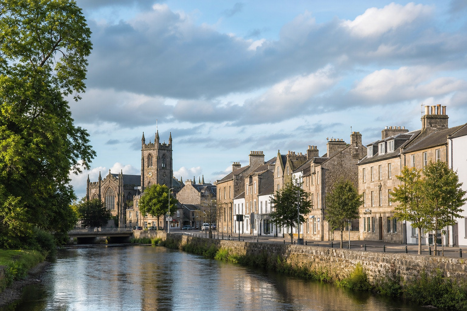 Historic stone buildings and a church tower line a peaceful river under a blue sky with scattered clouds.