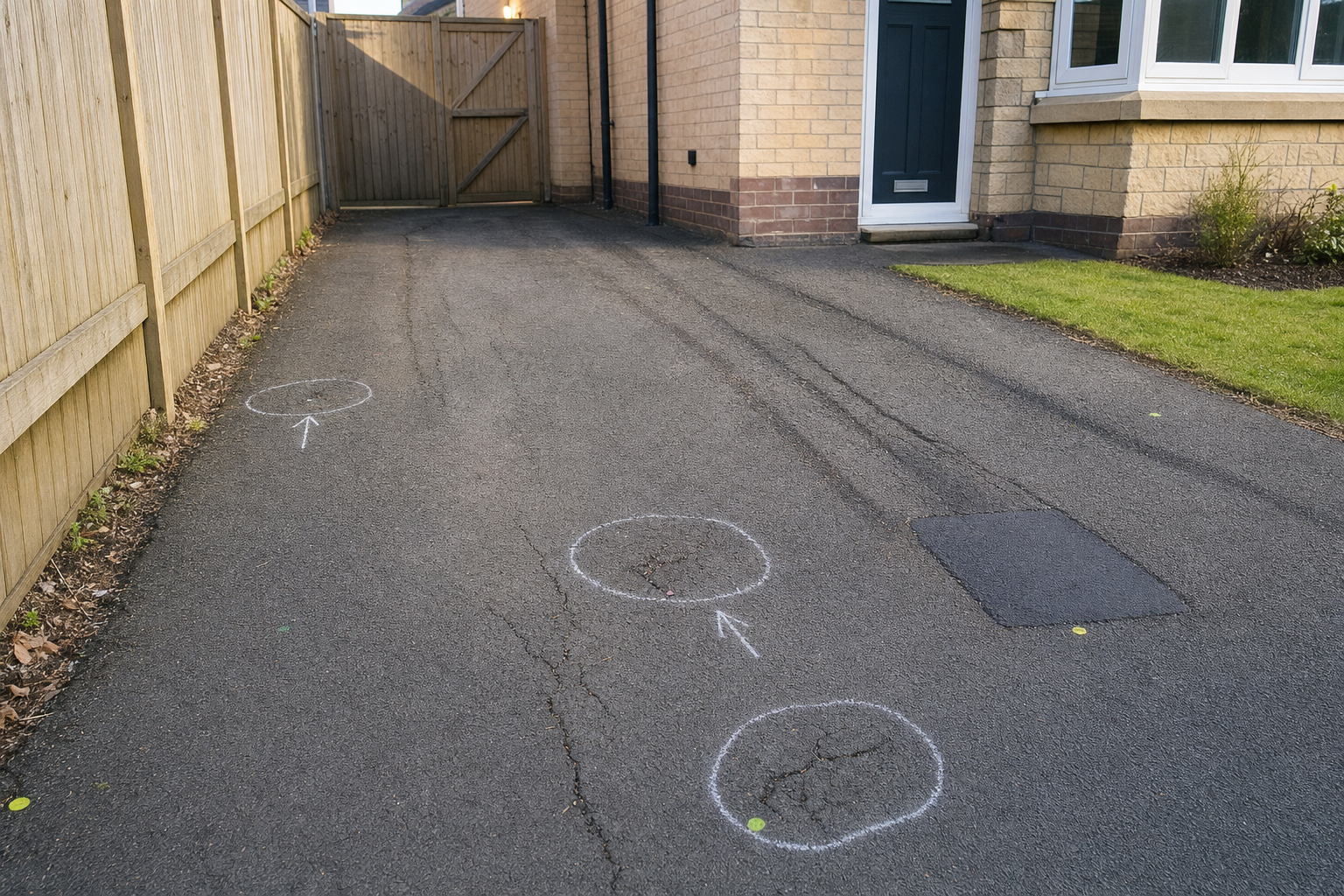 A driveway with chalk circles and arrows marking cracks on a tarmac surface next to a house and wooden fence.