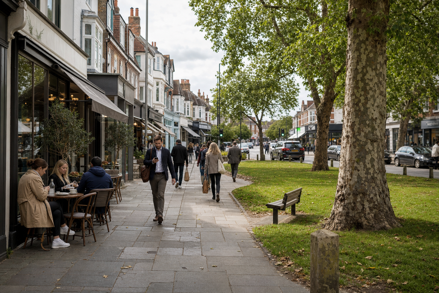 People walking and dining outdoors on a tree-lined street with parked cars and shops in the background.