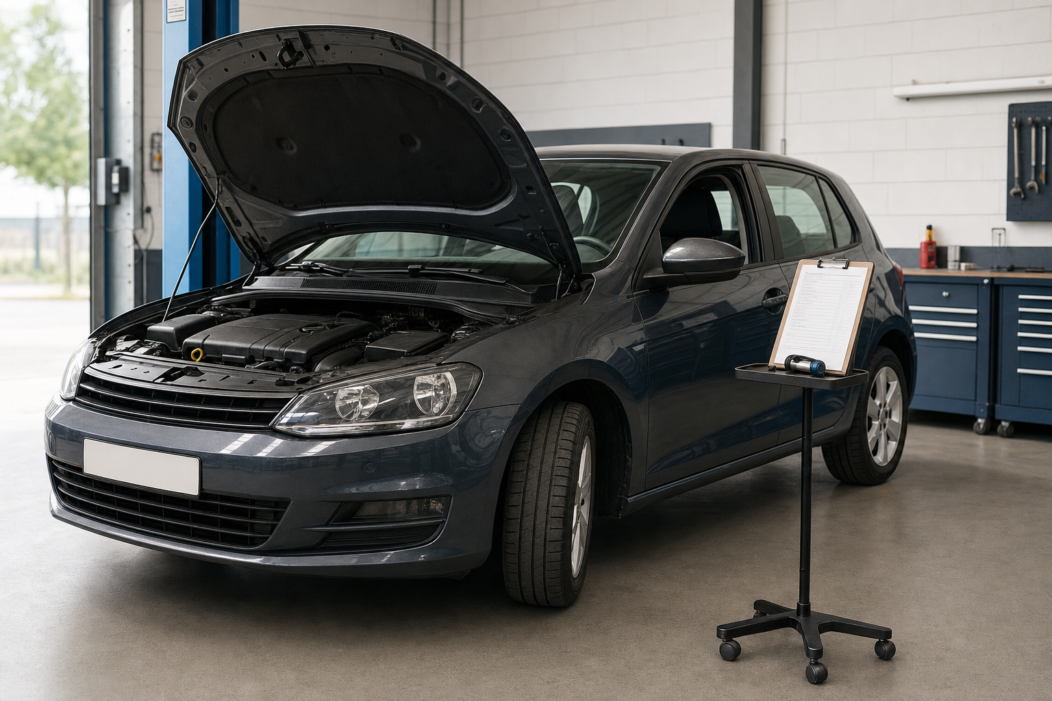 A grey car with its bonnet open is parked in a garage next to a stand with a clipboard and pen.