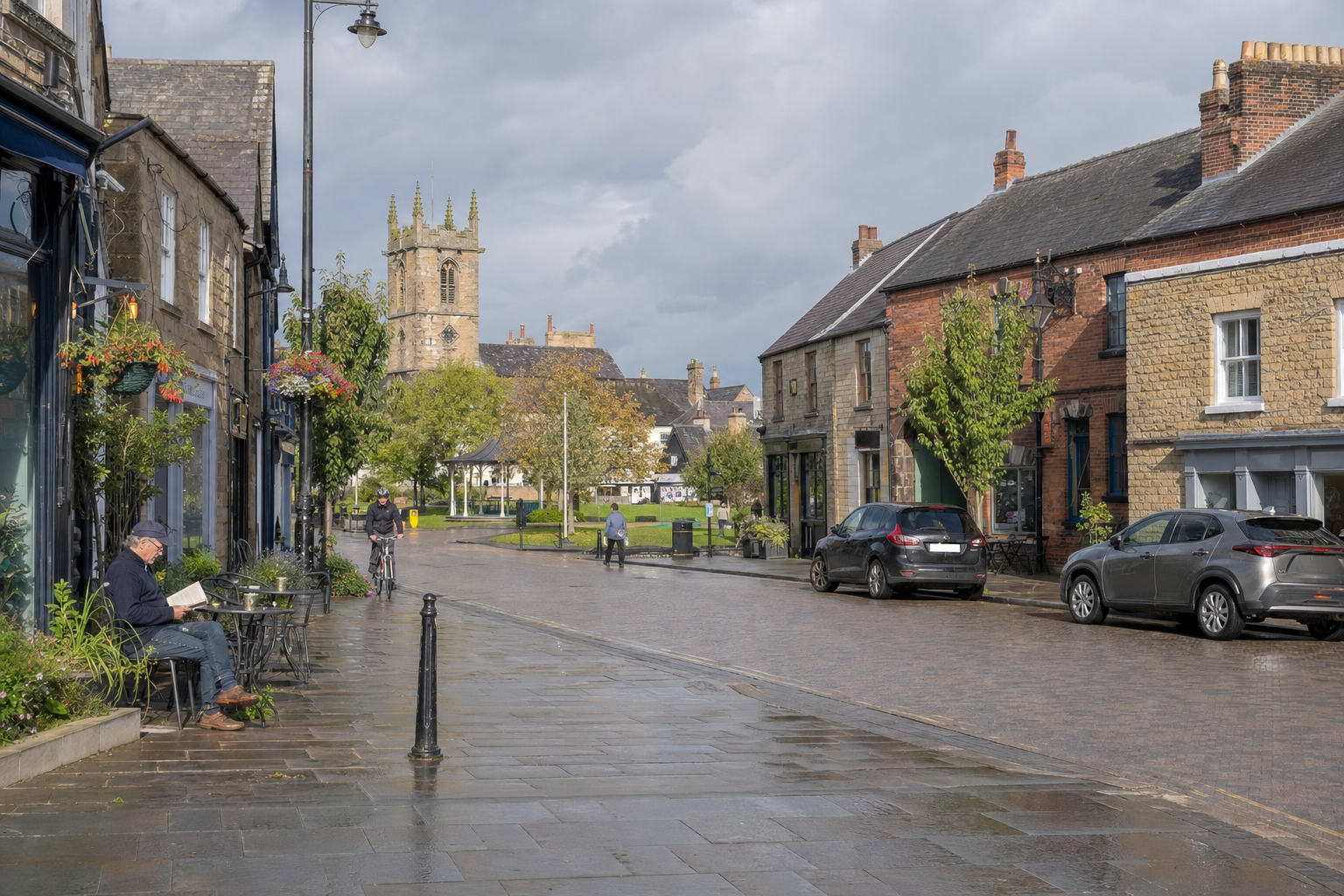 A quaint street scene with a man reading outside a café, a cyclist, and a historic church in the background.
