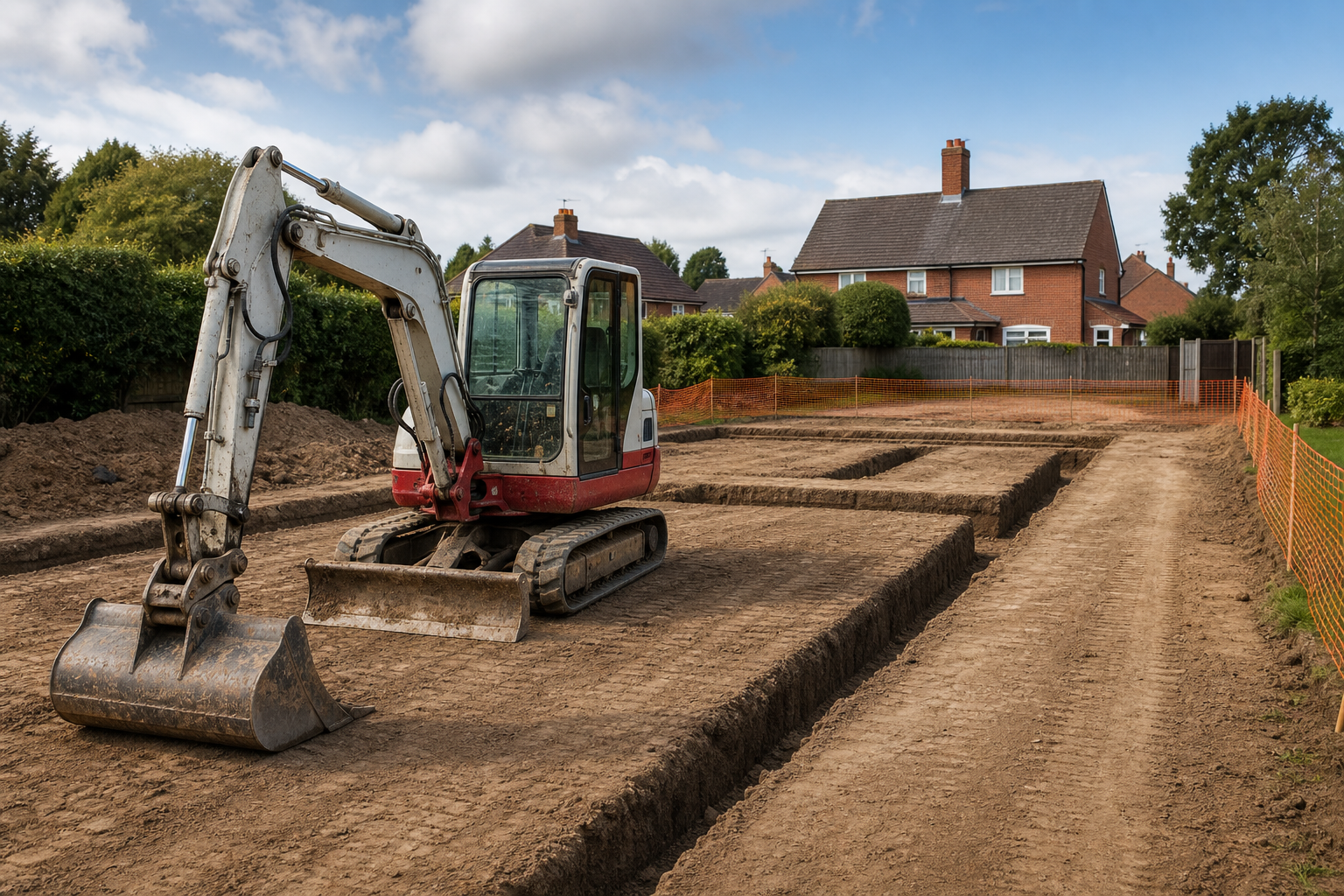 An excavator sits on a prepared construction site near a suburban house with orange safety fencing.